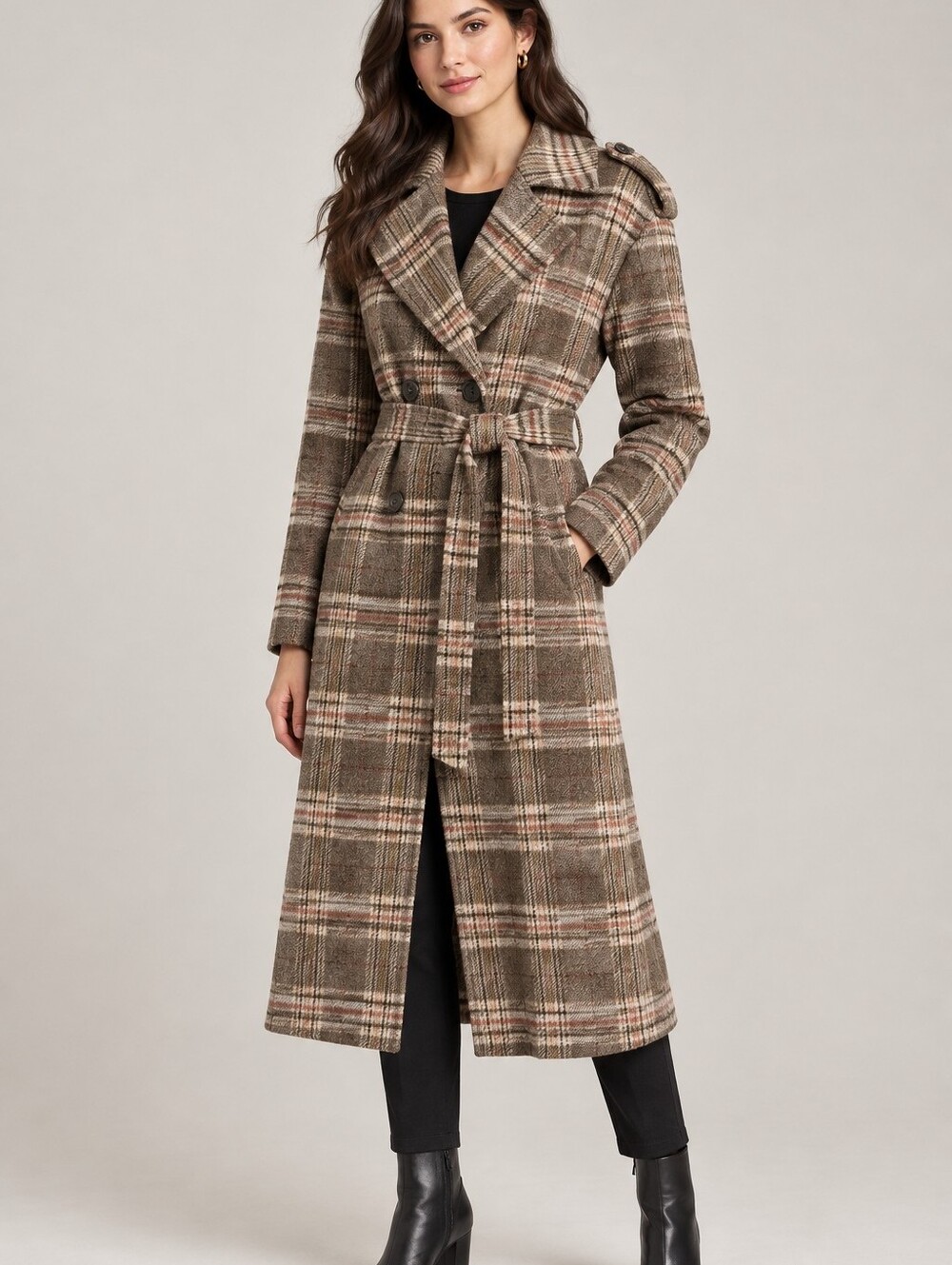 en Thread Brown Plaid Belted Coat — Size L — C$55